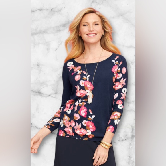 Talbots Floral Crewneck Sweater India Ink Navy Pink Lightweight 3/4 Sleeves Sz M - Picture 5 of 11